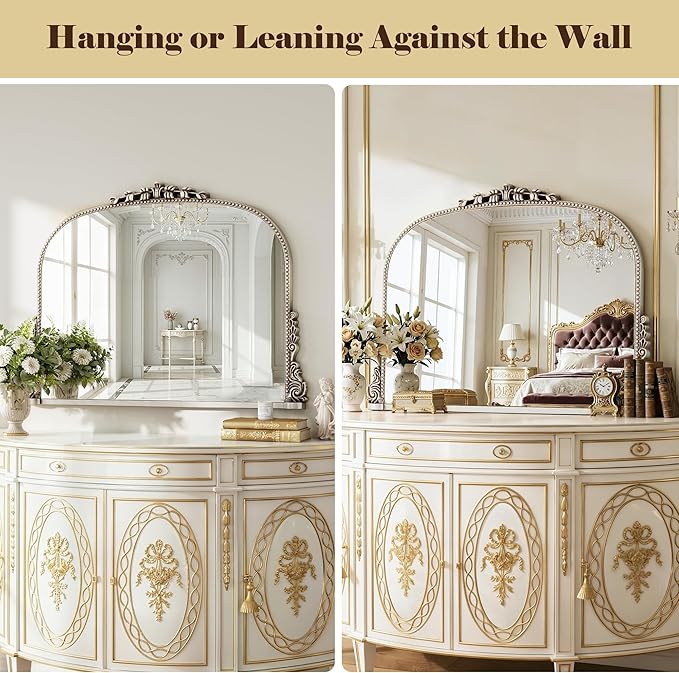 26x38 inch Vintage Arched Gold Ornate Baroque Mirror - Wall Vanity Mirror with Beautiful Retro Top and Bottom Engraving Process Frame for Bathroom, Living Room, Fireplace, Entryway, HD Tempered Glass