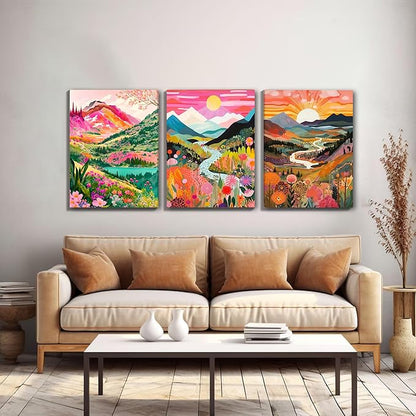 DUWQU 3 Piece Colorful Watercolor Mountain Canvas Wall Art Boho Floral Painting Picture Wall Decor Abstract Nature Landscape Poster Print Artwork for Living Room Bedroom Bathroom Office 16x24 Inches