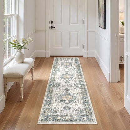 EIEIHOUSE Washable 2x6 Runner Rug - Area Rugs Neutral Vintage Distressed Floral Farmhouse Boho Large Soft Floor Rug Indoor Carpet for Hallway Entryway Bedroom Kitchen - Green/Grey