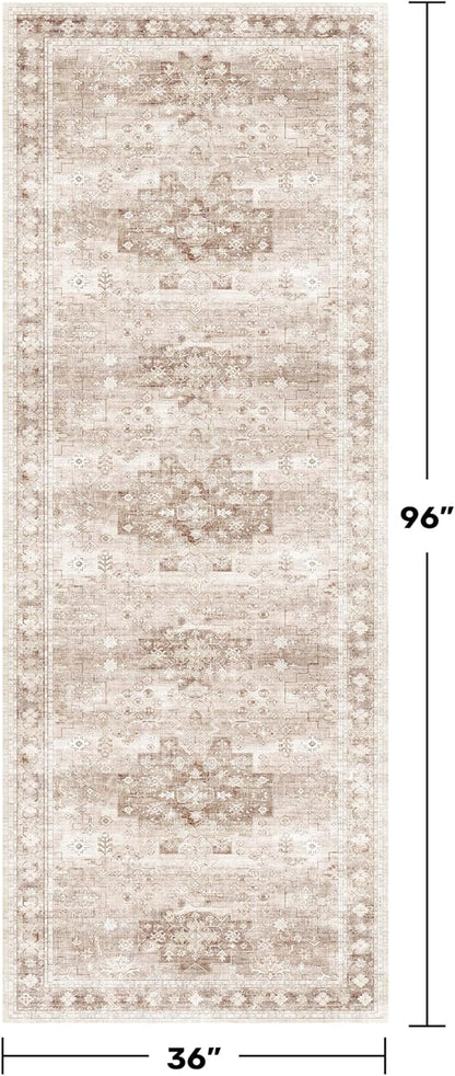 Beige Washable 8ft Long Runners for Hallways, 3x8 Kitchen Runner Rug, Entryway Indoor Runner, Non Slip Boho Vintage Floor Décor for High Traffic Area (3x8 Beige/Latte)