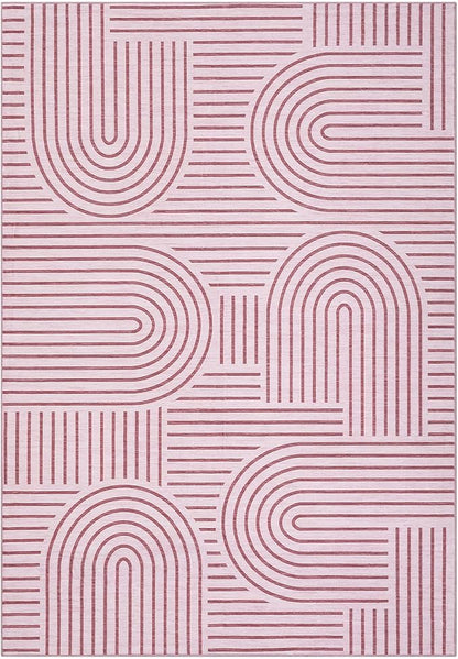 ROYHOME Washable Rug 5x7 Area Rugs for Living Room, Abstract Rug for Bedroom, Soft Rainbow Non Slip Throw Rugs with Rubber Back, Low Pile Stain Resistant Boho Geometric Carpet for Dining Room, Pink