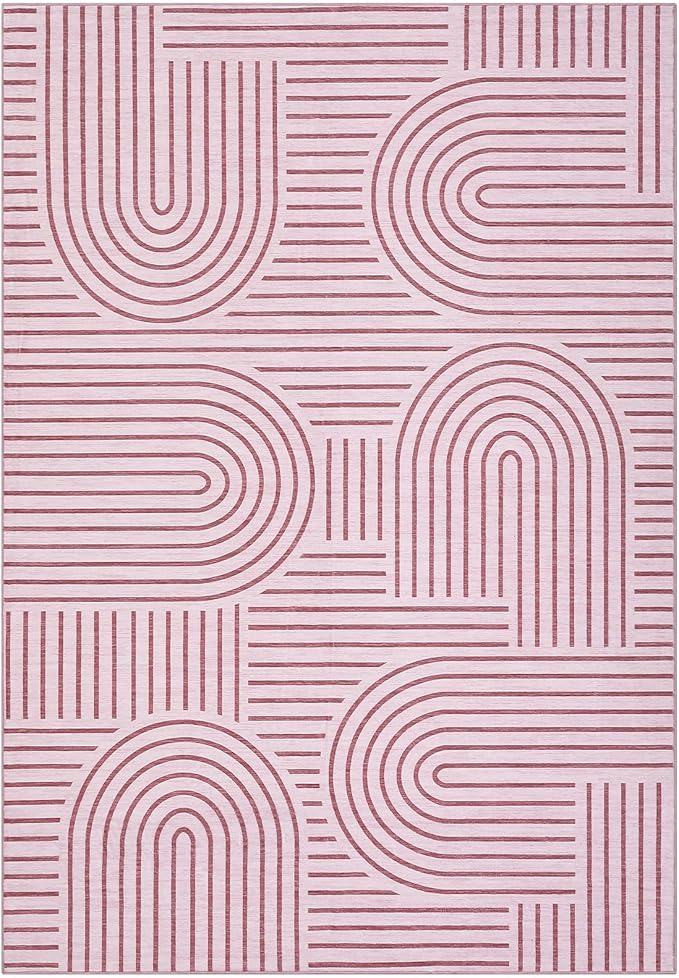 ROYHOME Washable Rug 8x10 Area Rugs for Living Room, Abstract Rug for Bedroom, Soft Rainbow Non Slip Throw Rugs with Rubber Back, Low Pile Stain Resistant Boho Geometric Carpet for Dining Room, Pink