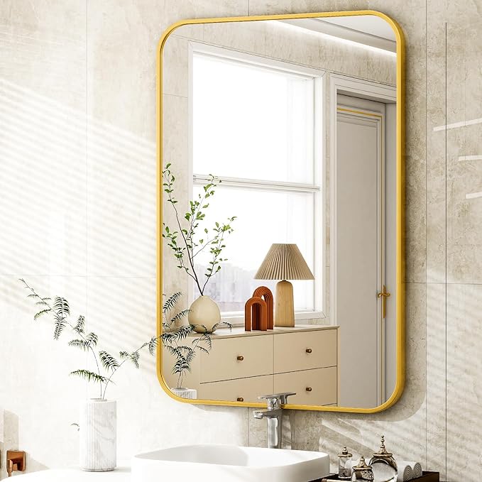 Easly 26 x 38 Inch Bathroom Mirror, Rounded Rectangular Vanity Mirror for Wall, Modern Mirror for Room Decor, Gold Framed Wall-Mounted Mirrors for Home Decor, Hangs Horizontally or Vertically