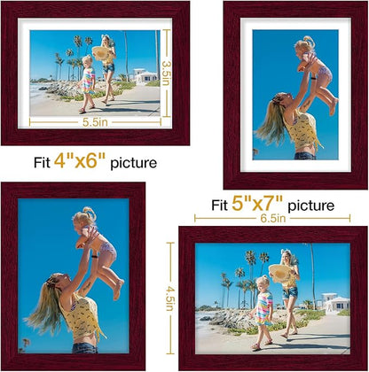Vittanly 5x7 Picture Frames Set of 9, Display 4x6 Pictures with Mat or 5x7 without Mat, Photo Frames for Wall or Tabletop with Plexiglass, Engineered Wood, Cherry Red