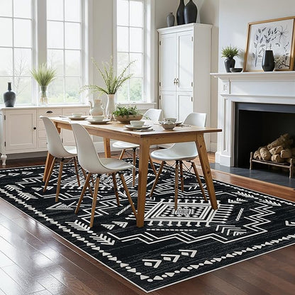 Joydeco Moroccan 5x7 Western Black and White Rugs for Living Room, Washable Soft Aztec Rug for Bedroom, Low Pile Distressed Modern Carpet for Dining Room Playroom Office Home Decor
