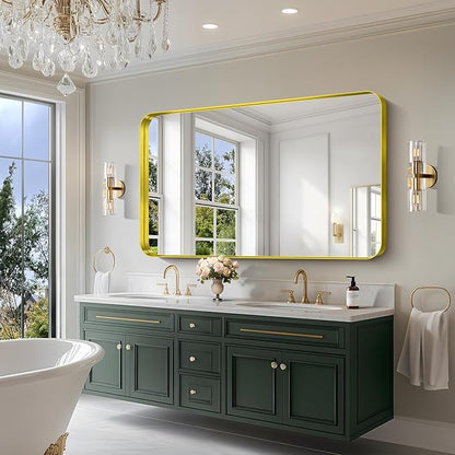 CIRCUMI Gold Bathroom Mirror, 36"x60" Rectangular Mirror with Deep Metal Frame, Rounded Corner, Tempered Glass, Large Mirror for Wall, Over 2 Sinks, Installed Vertically/Horizontally, Crystal-Clear