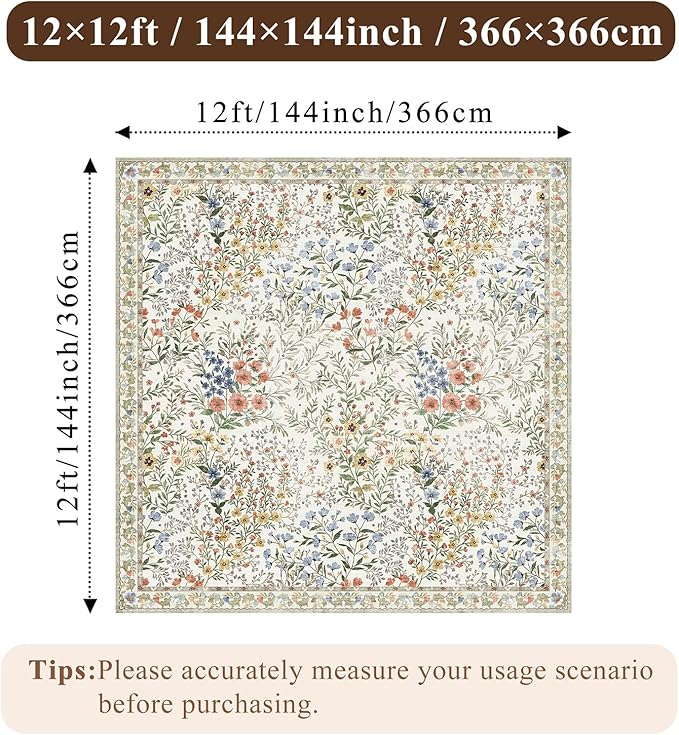 12x12 Square Area Rug Living Room: Boho Floral Washable Mat for Dining Room Bedroom Office High Traffic Area Soft Non Slip Low Pile Indoor Carpet for Vintage Farmhouse Home Decor (12ft Square, Beige)