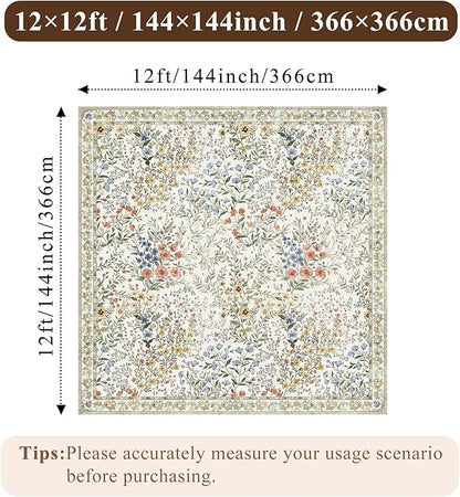 12x12 Square Area Rug Living Room: Boho Floral Washable Mat for Dining Room Bedroom Office High Traffic Area Soft Non Slip Low Pile Indoor Carpet for Vintage Farmhouse Home Decor (12ft Square, Beige)