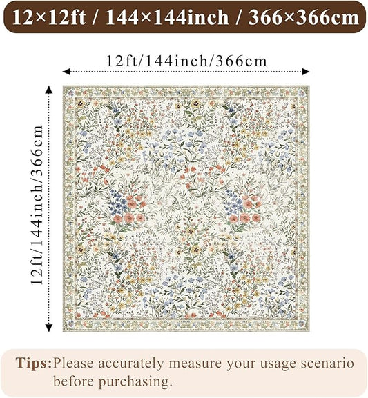 12x12 Square Area Rug Living Room: Boho Floral Washable Mat for Dining Room Bedroom Office High Traffic Area Soft Non Slip Low Pile Indoor Carpet for Vintage Farmhouse Home Decor (12ft Square, Beige)