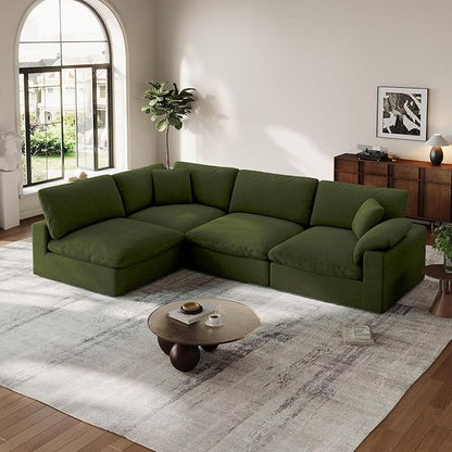Cloud Modular Couch for Living Room,V Shape Linen Blend Sofas,Modern Deep Seat Cloud Sofas,Convertible Comfort Down Filled Sectional Couches,Removable Washable Cushion Covers,Green