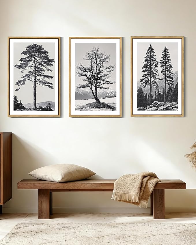 Drsoum Vintage Black Gray Tree Wall Art Framed Antique Retro Forest Prints Modern Rustic Artwork Bedroom Farmhouse Ready to Hang 16x24in Natural Framed