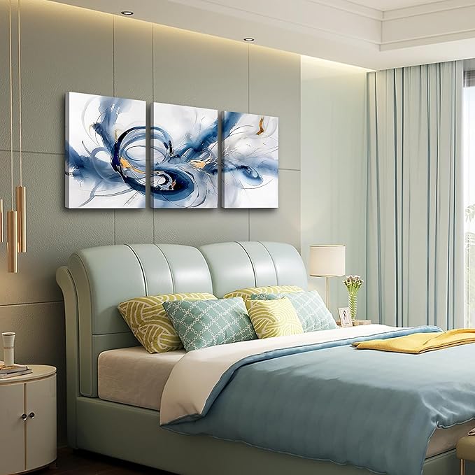 TTHYUEWS Abstract Wall Art For Living Room Canvas Wall Decor For Bedroom Office Decorations Minimalist Art Wall Pictures Blue Abstract Ink Wall Paintings Posters Modern Home Decor Artwork 3 Pieces