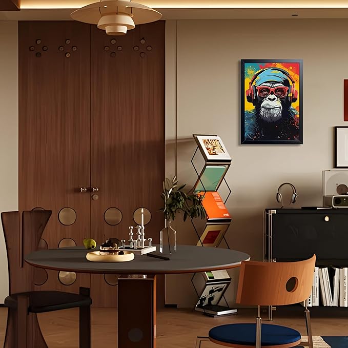 Framed Cool Monkey Wall Art, With Headphones and Sunglasses Chimp Wall Decor, Colorful Graffiti Canvas Print Poster, Cool Animal Oil Painting for Boys Bedroom Gaming Room Home Decor 12x16 Inch