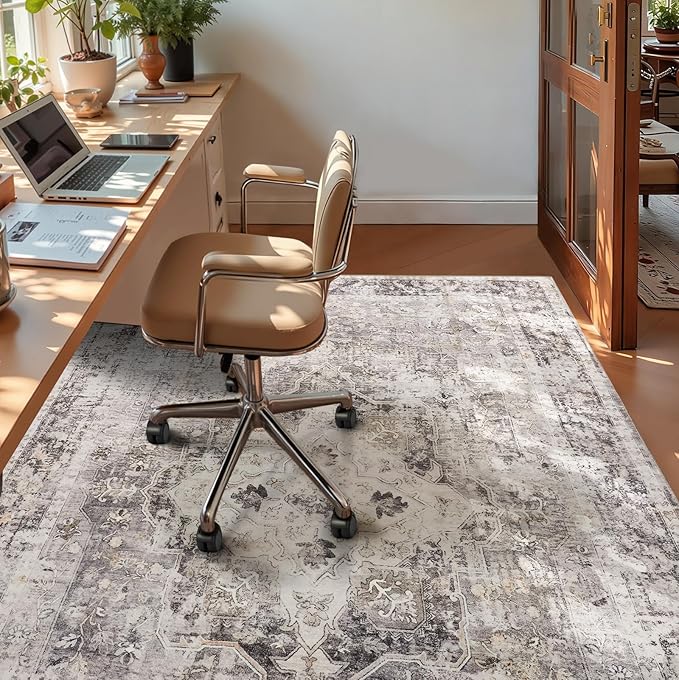 YOH Boho Washable Rug 5x7, Charcoal Gray Vintage Non Slip Area Rug, Distressed Indoor Carpet for Living Room Bedroom Kitchen Office