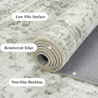 2x6 Hallway Washable Runner Rug Vintage Non-Slip Soft Kitchen Mat Boho Medallion Distressed Farmhouse Carpet Floral Low Pile Indoor Throw Rug for Entryway Bathroom Living Room Bedroom, Green
