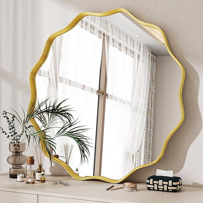 Round Wavy Mirror, 24 Inch Metal Frame Circle Mirror, Round Wall Mounted for Entryway, Bathroom, Vanity, Living Room, Gold