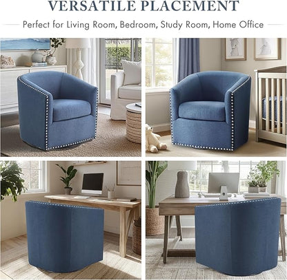 Madison Park Swivel Barrel Accent Chair, Upholstered Curved Back with 7-Inch Thick Woven Cushion, 360° Swivel, Nailhead Trim, Comfy Chair for Living Room, Bedroom, Office, 28" Wide, Blue, Tyler