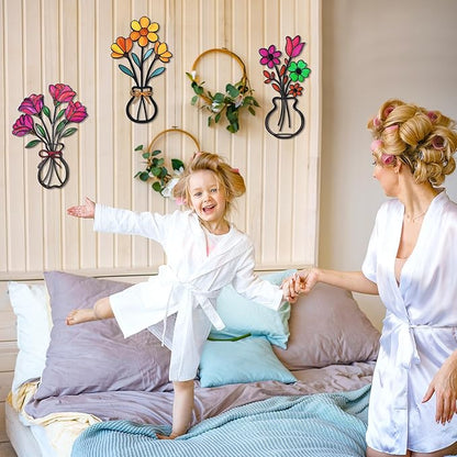 3 Pieces Metal Vase Flowers Wall Arts Decor, Rustic Farmhouse Style Décor Metal Wall Decors Sculptures, Minimalist Flower Natural Themed Decorations for Home Bedroom Gifts(Colorful-C)