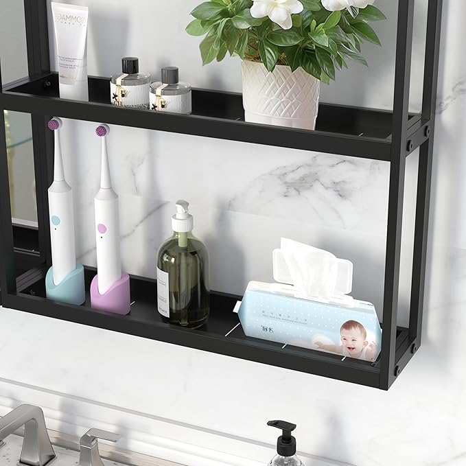Black Metal Framed Bathroom Mirror with Shelf, 40" X 24.4" Rectangular Wall Mounted Bathroom Vanity Mirror, Modern Bathroom Mirror with Storage for Over Sink, Entryway
