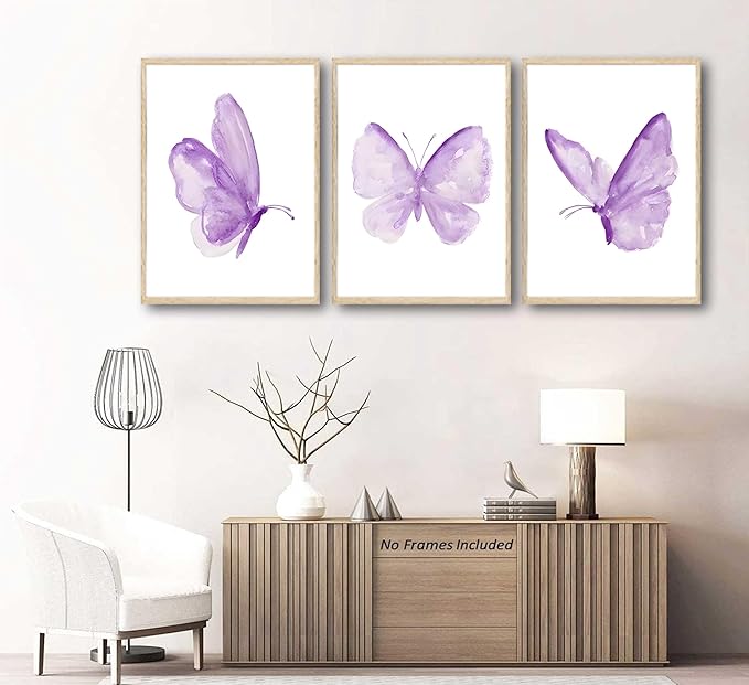 ZLYARTMP 3Pcs Butterfly Wall Art Purple Butterfly Posters Pictures Minimalist Cute Animal Prints Paintings Aesthetic Preppy Room Canvas for Girls Bedroom Nursery Home Wall Decor Gift Unframed