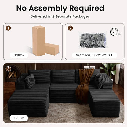 106" Cloud Sectional Boneless Couches for Living Room, Modular U Shaped Couch with Deep Seat, Removable Ottoman, Memory Foam Compressed Spineless 4 Seater Sofa for Bedroom Apartment, Black