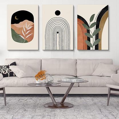 Boho Wall Art Set of 3 - Mid Century Modern Canvas Prints: Sun Moon Leaf Mountain, Neutral Abstract Geometric for Bedroom, Bathroom, Living Room, Office