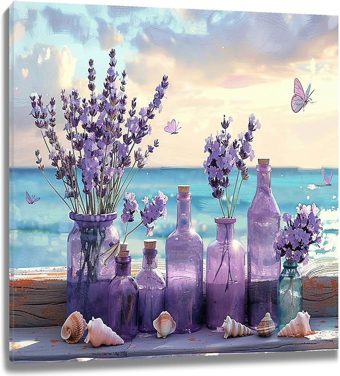 LB Ocean Purple Lavender Wall Art Purple Flower in Vase with Butterfly Canvas Wall Art Blue Sky and White Cloud Wall Art Decor for Living Room Bedroom Bathroom Office Framed Ready to Hang 12L x 12W