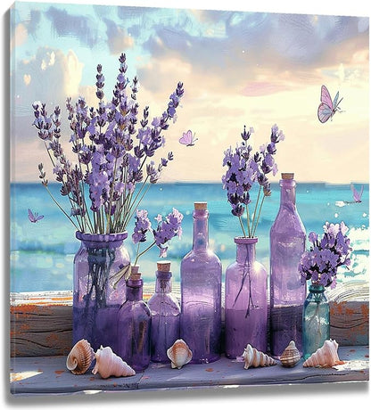 LB Ocean Purple Lavender Wall Art Purple Flower in Vase with Butterfly Canvas Wall Art Blue Sky and White Cloud Wall Art Decor for Living Room Bedroom Bathroom Office Framed Ready to Hang 12L x 12W