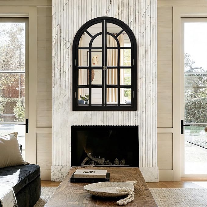 TRAHOME Arched Windowpane Mirror, 26"x38" Black Wood Frame Rustic Farmhouse Wall Mirror, Vintage Decorative Window Mirror for Living Room, Entryway, Bathroom