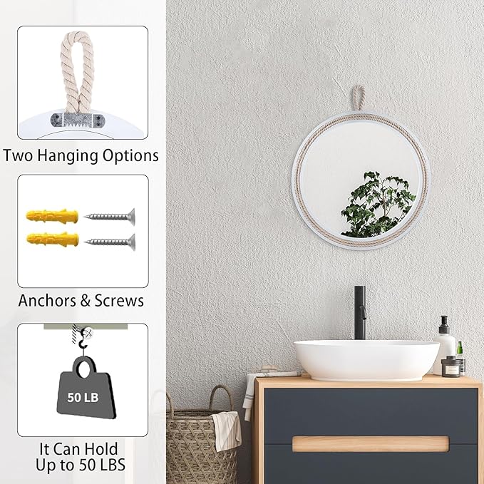 Small Decorative Mirror 11.4'' Round Hanging Mirror for Wall Nautical Rope Mirror for Bathroom Office Living Room All Occasions, White Accent 2