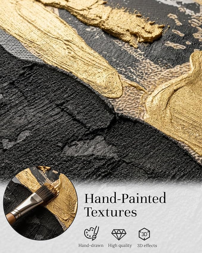 Extra Large Abstract Hand Applied Raised Paint Texture Canvas Wall Art Set of 3, Black White Gold Triptych Artwork Solid Wood Frame 24x36", Modern Oversized Luxury Living Room Office Bedroom Decor