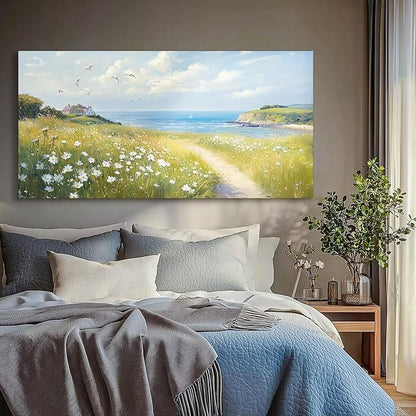 SERIMINO Seaside Nature Large Wall Art, Coastal Landscape Big Canvas Prints, Meadow Wildflowers Pictures Wall Decor, Sunny Scenery Home Decorations for Living Room Bedroom Farmhouse Cottage 29"X57"
