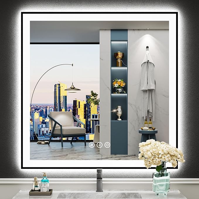 36x36 Black Framed LED Bathroom Mirror with Lights, Backlit and Front Lit Anti-Fog Lighted Vanity Mirrors for Bathroom Wall, Dimmable, 3 Colors, Memory, HD Tempered Glass, Horizontal/Vertical