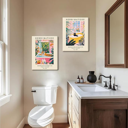 Funny Bathroom Canvas Wall Art Set of 3, Matisse Black Cat Animal Wall Decor Paintings, Cute Tiger Bathroom Pictures Posters Prints 12x16 Inch Framed