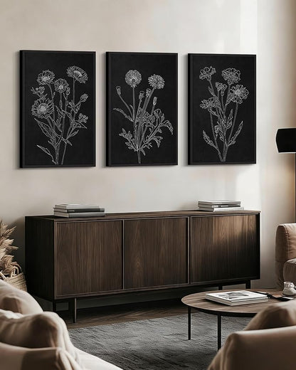 Drsoum Black White Flower Wall Art Vintage Minimalist Floral Wall Hanging Decor Bohemain Botanical Prints Artwork for Bedroom Living Room Hallway 24x36in Black Framed