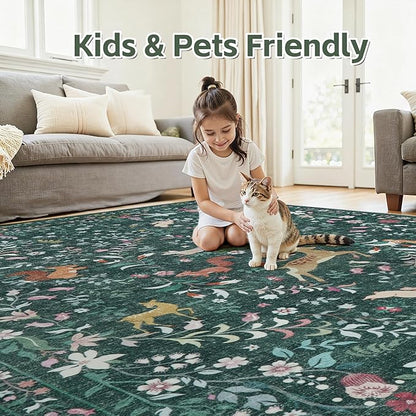 8x10 Area Rugs Washable Rug: Lagre Boho Living Room Rug Soft Non-Slip Thin Carpet Indoor Floor Non-Shedding Neutral Floral Carpets for Bedroom Dining Room Farmhouse Nursery Dark Green