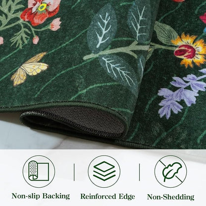 LIVEBOX Sunflower Botanical Washable 8x10 Area Rugs, Green Rug for Living Room, Non Slip Rugs for Bedroom, Boho Floral Indoor Throw Dining Room Carpet for Under Table Home Office Nursery Playroom