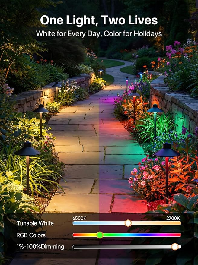 Gardenreet Brass Smart RGBCW Low Voltage Path Lights, 12v Bluetooth App Landscape Lighting, Dimmable 2700K-6500K Warm/Cool White LED G4 Bulb, Waterproof Daily Walkway Yard Garden, Bronze 12 Pack