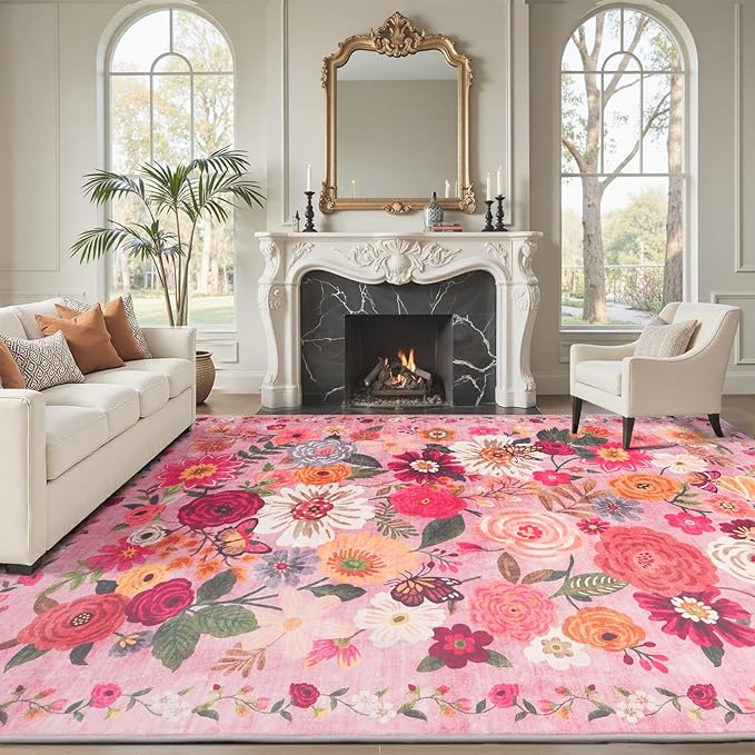Pink Area Rugs 10x14 for Living Room, Non Slip Machine Washable Floral Rugs, Low Pile Lightweight Large Rug for Bedroom, Dining Room, Home Office