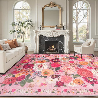 Pink Area Rugs 10x14 for Living Room, Non Slip Machine Washable Floral Rugs, Low Pile Lightweight Large Rug for Bedroom, Dining Room, Home Office