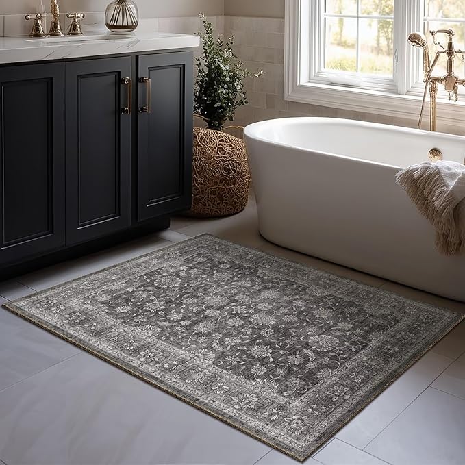 Washable 2x3 Entryway Rug, Boho Non-Slip Door Mat Vintage Distress Small Rugs for Kitchen Nursery Office Bedroom, 0.3" Neutral Oriental Throw Carpet with Cushioning Pad, Grey/Multi, E3