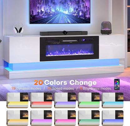 WelFurGeer 36" Electric Fireplace TV Stands with LED Lights, High-Gloss Modern Media Console Table for TV up to 75", White Fireplace TV Stand with Storage, Entertainment Center for Living Room
