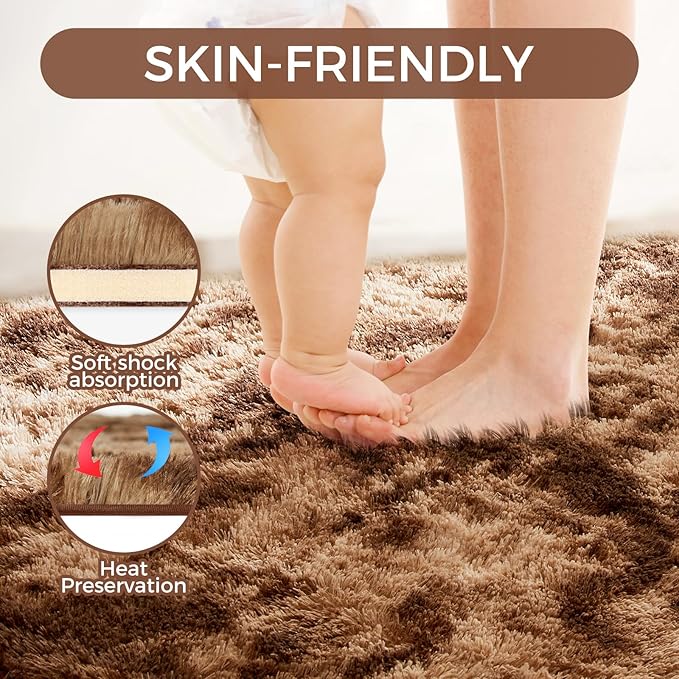 Ultra Soft Rug for Living Room, 6X9 Fluffy Shag Area Rug for Bedroom, Modern Shaggy Carpet Fuzzy Rug for Teens Dorm Nursery Home Decor Aesthetic, Upgrade Anti-Skid Durable, Tie-Dyed Coffee