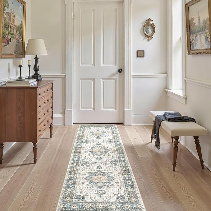 EIEIHOUSE Washable 2x6 Runner Rug - Area Rugs Neutral Vintage Distressed Floral Farmhouse Boho Large Soft Floor Rug Indoor Carpet for Hallway Entryway Bedroom Kitchen - Green/Grey