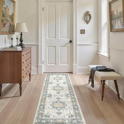 EIEIHOUSE Washable 2x6 Runner Rug - Area Rugs Neutral Vintage Distressed Floral Farmhouse Boho Large Soft Floor Rug Indoor Carpet for Hallway Entryway Bedroom Kitchen - Green/Grey