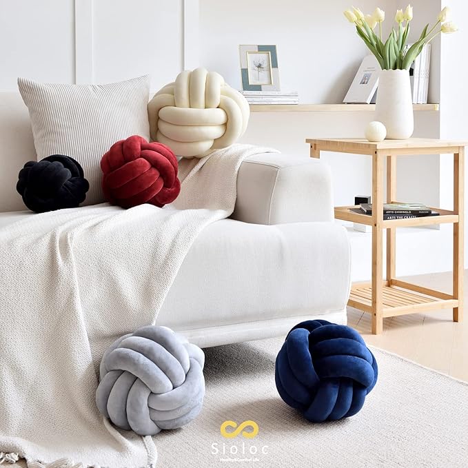Sioloc Soft Knot Ball Pillows,Round Throw Pillow Cushion Home Decoration Plush Pillow,Throw Knotted Pillow Handmade Round Plush Pillow（7.8inches,Burgundy）