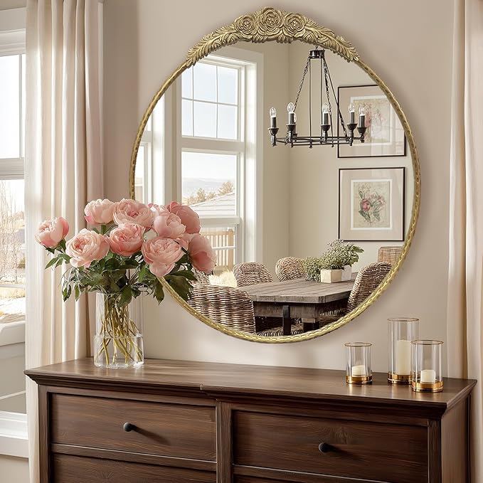 Growsun Round Wall Mirror with Vintage Gold Floral Frame – 28 Inch Decorative Wall Mirror for Living Room, Bedroom, Entryway, Bathroom Vanity – Elegant Antique Accent Home Décor