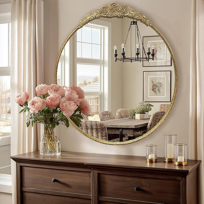 Growsun Round Wall Mirror with Vintage Gold Floral Frame – 24 Inch Decorative Wall Mirror for Living Room, Bedroom, Entryway, Bathroom Vanity – Elegant Antique Accent Home Décor