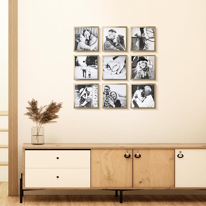 ArtbyHannah Photo Collage Frames for Wall, 8x8 Inch Square Picture Frame for Living Room or Staircase Decoration (Gold, 9 Pack)