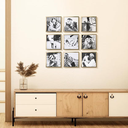 ArtbyHannah Photo Collage Frames for Wall, 8x8 Inch Square Picture Frame for Living Room or Staircase Decoration (Gold, 9 Pack)